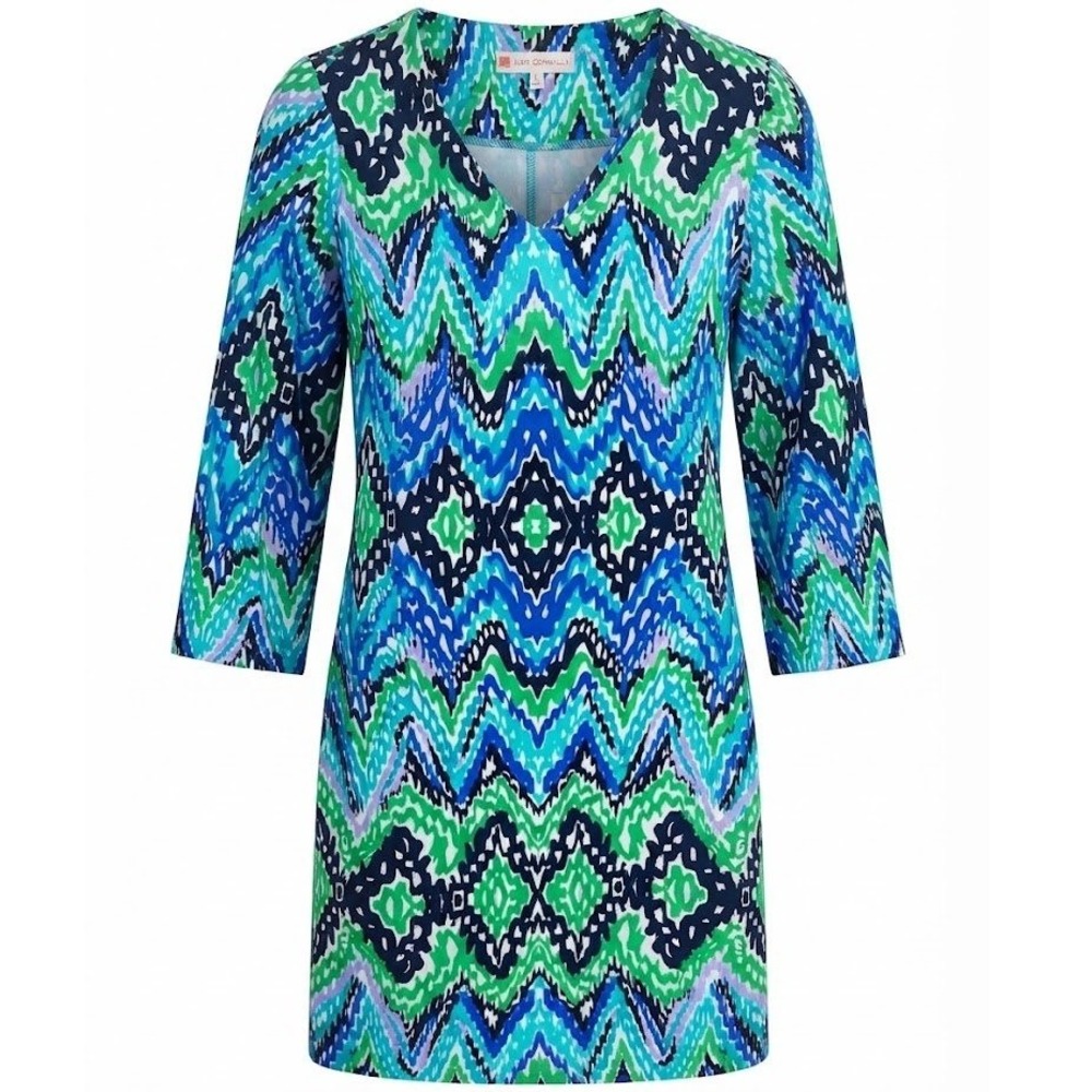 Jude Connally Womens Blue Zig Zag V-Neck 3/4 Sleeve Shift Dress Small - CJ